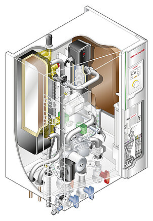 Schnittgrafik der Hydraulikeinheit der neuen Splitwärmepumpe.