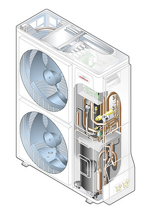 Schnittgrafik des Außengerätes der neuen Splitwärmepumpe.